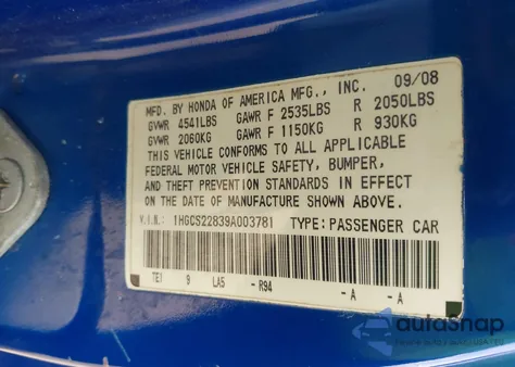 2009 Honda Accord 3.5 Ex-L z USA, uszkodzony, nr VIN 1HGCS22839A003781